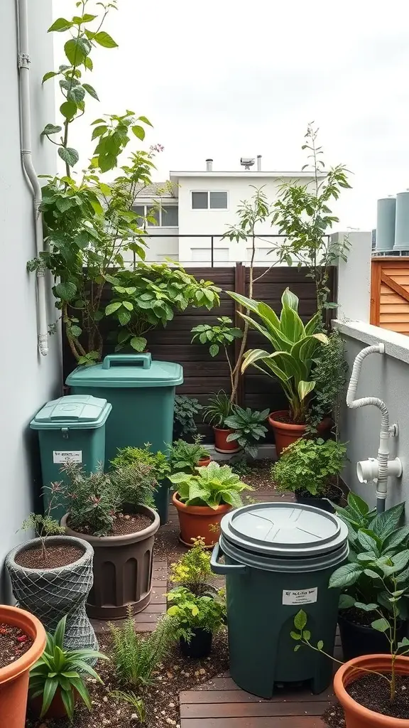A terrace garden filled with various plants in pots and bins, showcasing sustainable gardening practices.