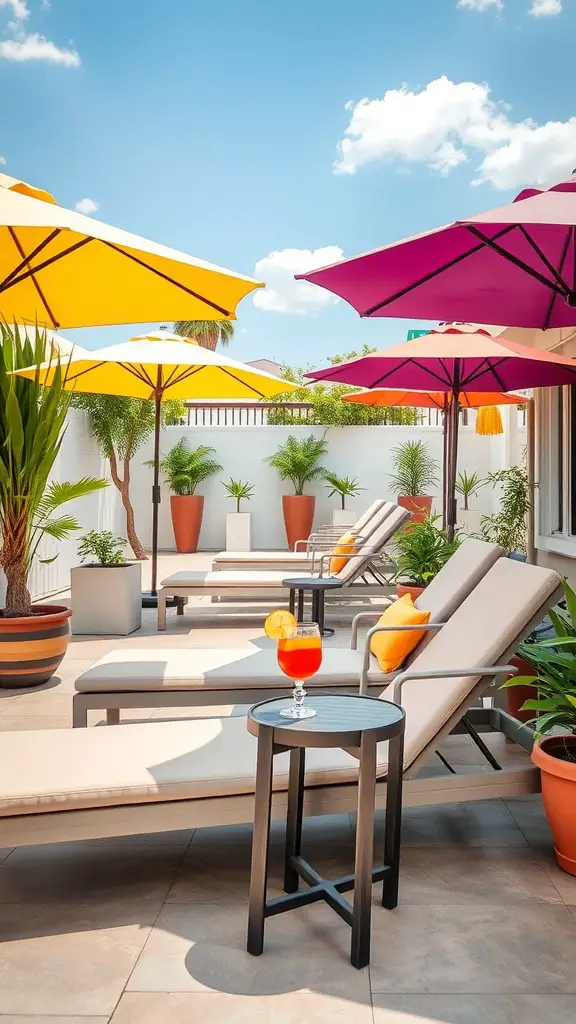 Stylish patio with lounge chairs, colorful umbrellas, and potted plants