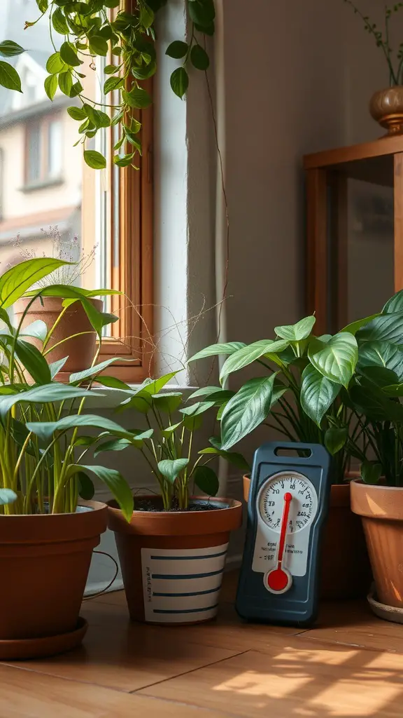 Indoor plants in pots near a window with a thermometer indicating temperature and humidity levels.