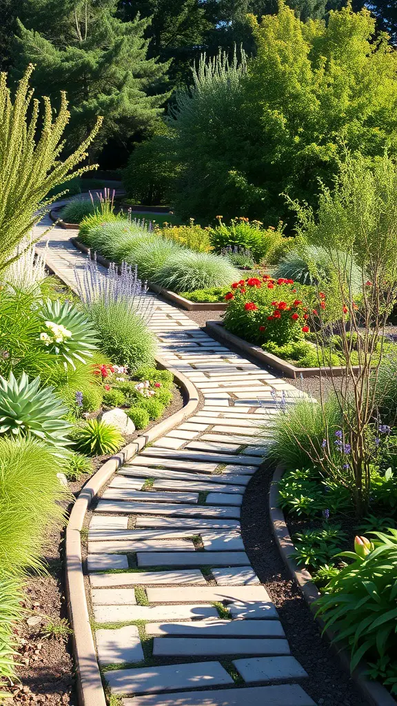 A winding garden path surrounded by vibrant flowers and greenery.