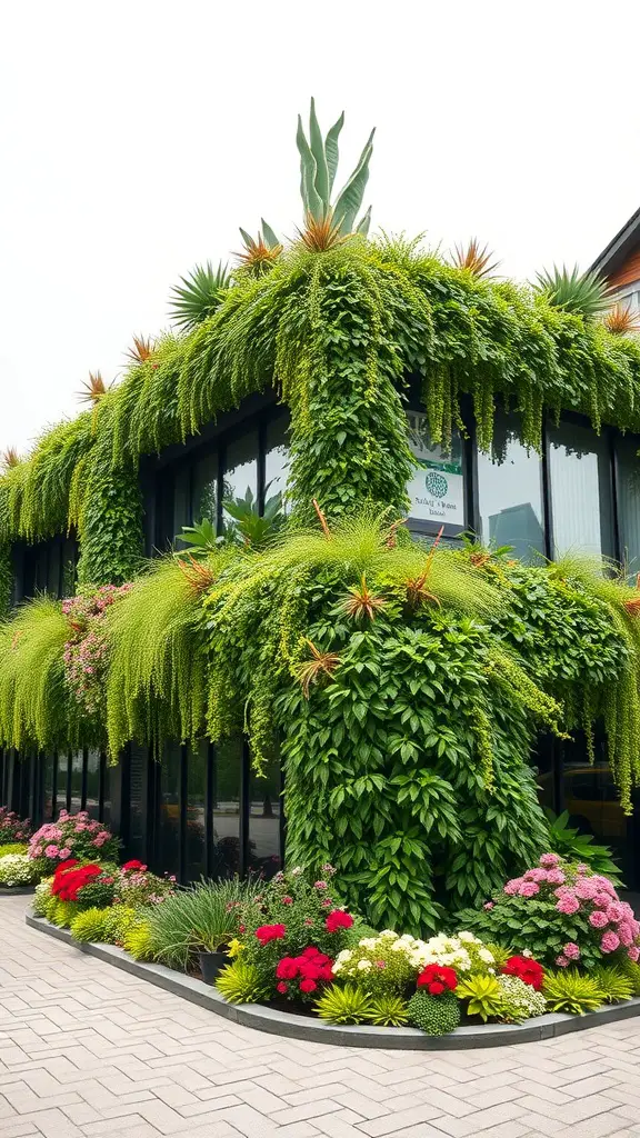 A building covered with lush green plants and colorful flowers, showcasing a green roof design.