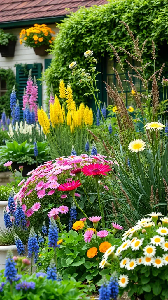 A colorful cottage garden filled with pink, yellow, and blue flowers, showcasing seasonal interest.