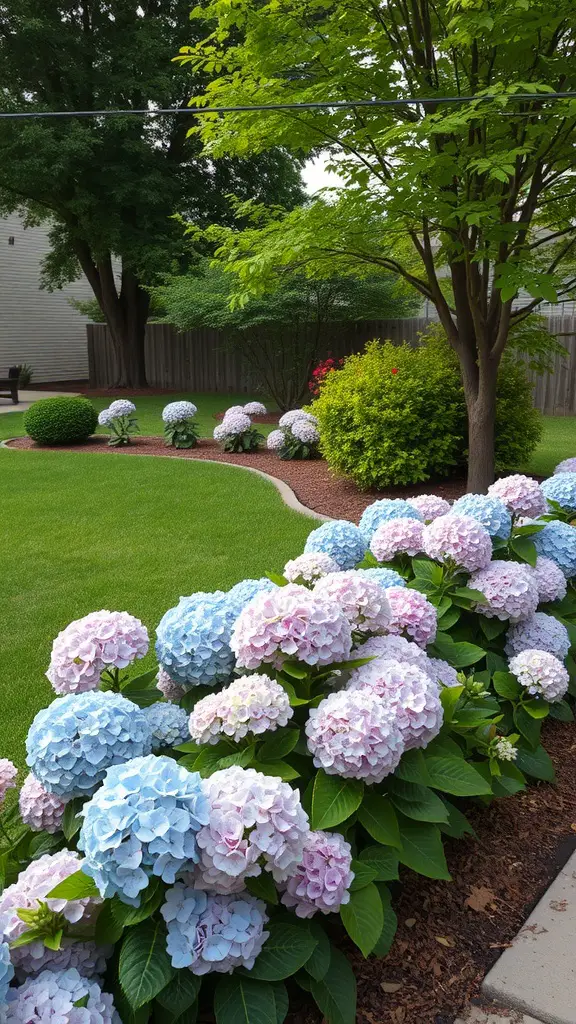 A garden with hydrangeas in shades of blue and pink forming a colorful landscape edging along a pathway.