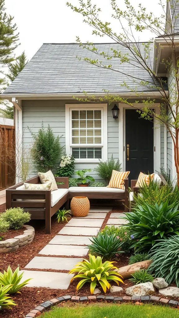 A cozy front yard seating area with comfortable furniture and lush greenery.