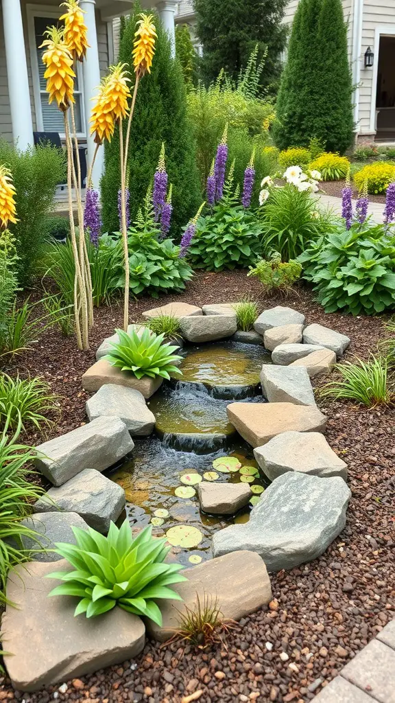 A beautiful rain garden featuring a small pond surrounded by colorful plants and stones.