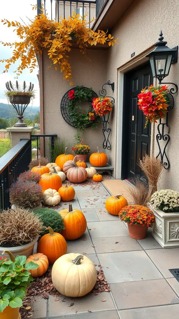 A terrace garden decorated for autumn with pumpkins, flowers, and hanging decorations.