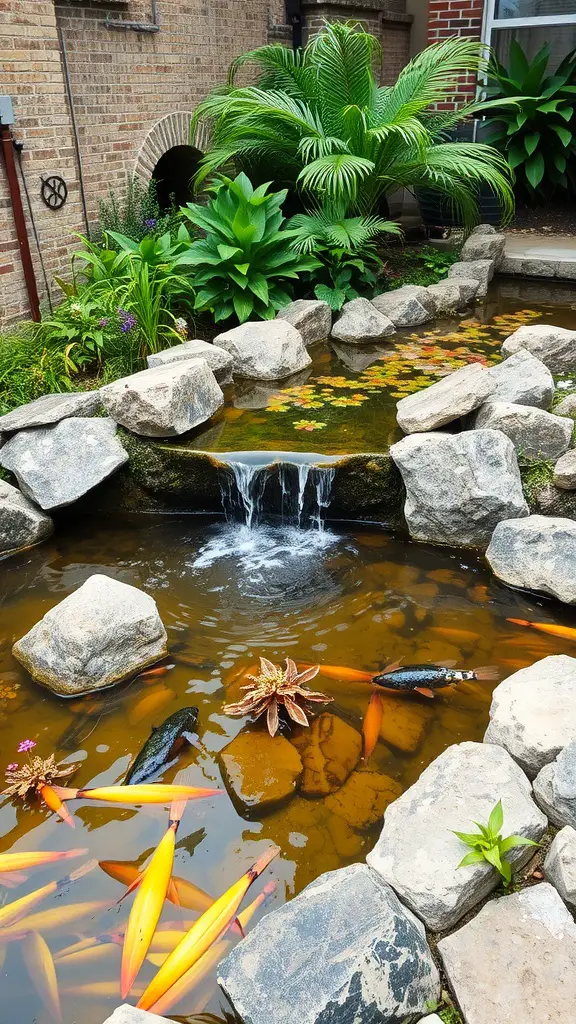 A serene pond with koi fish, surrounded by rocks and lush plants, featuring a gentle waterfall.