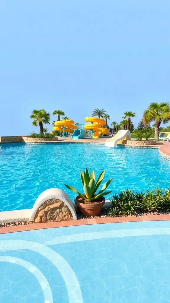 A bright pool area featuring colorful water slides and lush greenery.