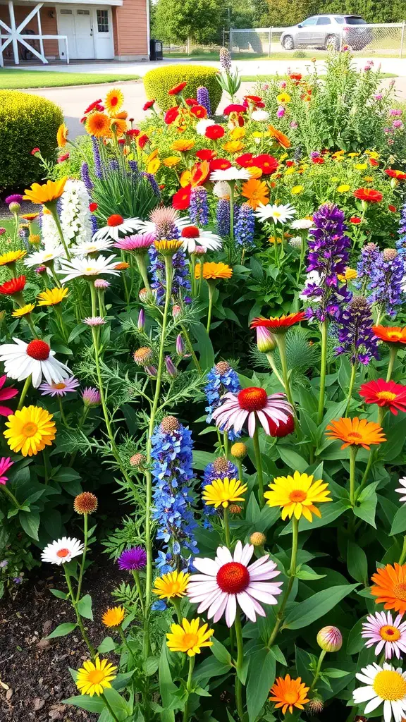 A community flower garden with people tending to colorful flowers.