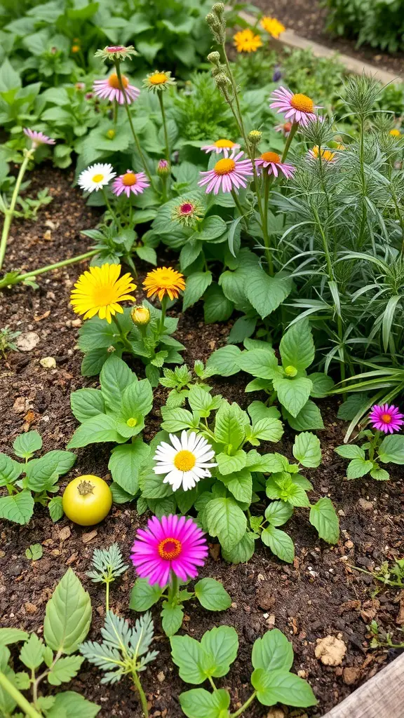 A colorful garden with flowers and a small green tomato among the plants.