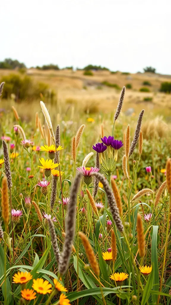 A colorful array of native flowers and grasses in a natural landscape.