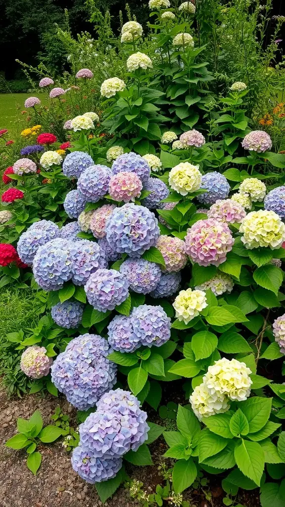 A vibrant garden filled with hydrangeas in shades of blue, pink, and white, surrounded by green foliage.