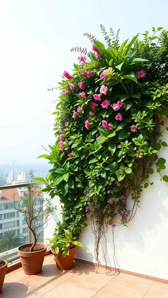 A vertical garden with vibrant flowers and lush greenery cascading down a wall, complemented by potted plants on the ground.