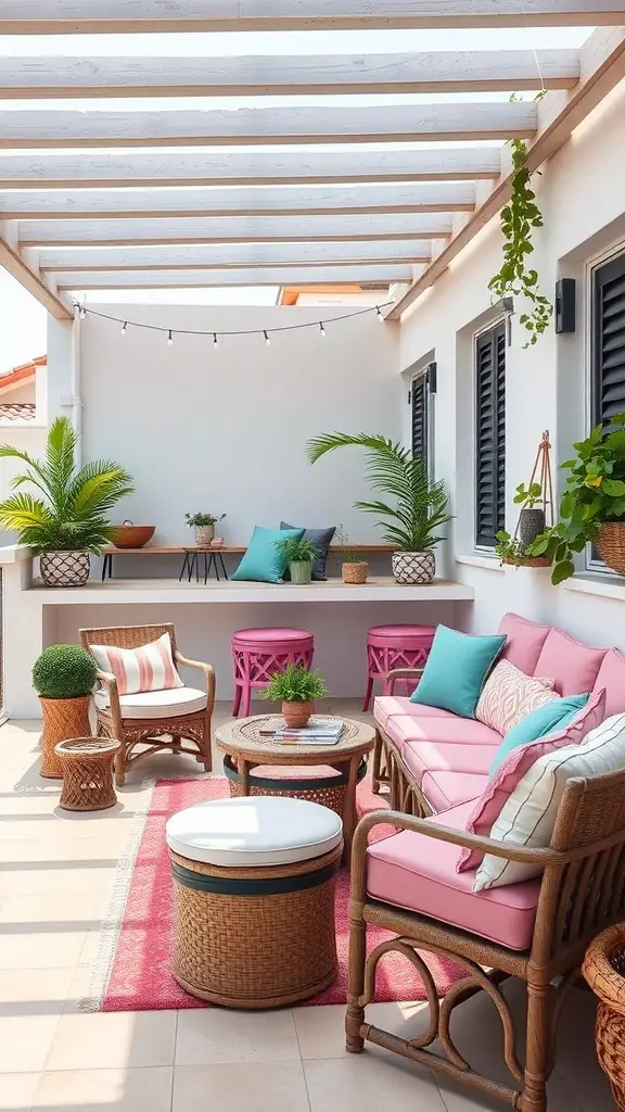 A cozy terrace with pink cushions, green plants, and natural wicker furniture, creating a warm and inviting atmosphere.