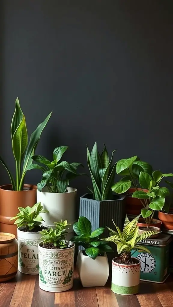 A collection of various plants in pots made from recycled materials, showcasing eco-friendly plant decor.