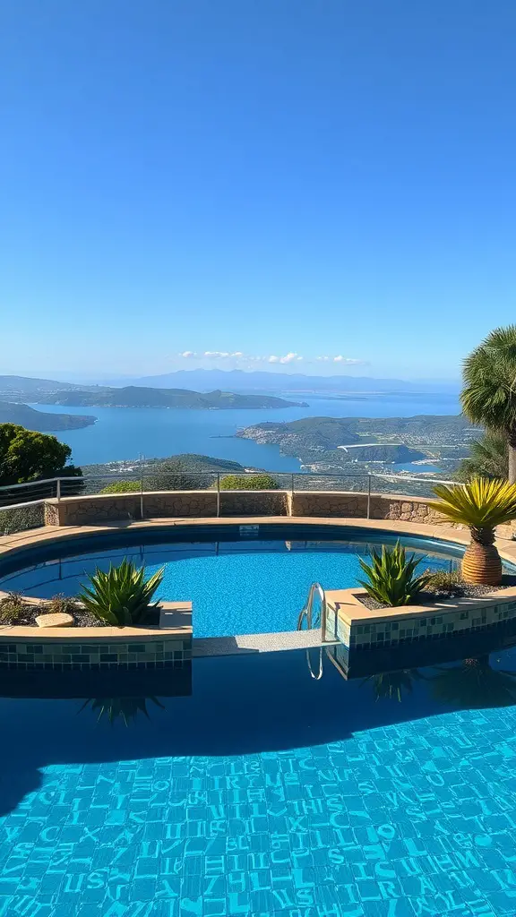 A round pool with a clear blue surface, surrounded by plants and overlooking a scenic view of water and hills.