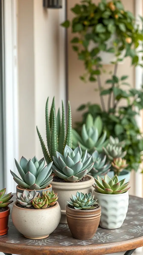A collection of succulents in various containers on a balcony.