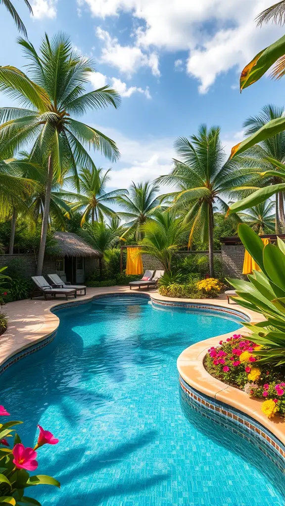 A beautiful pool surrounded by palm trees and colorful flowers, creating a tropical oasis.