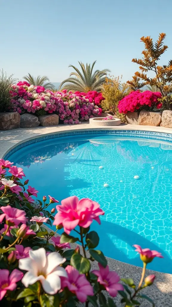 A vibrant pool area surrounded by colorful flowers, showcasing a harmonious color palette.