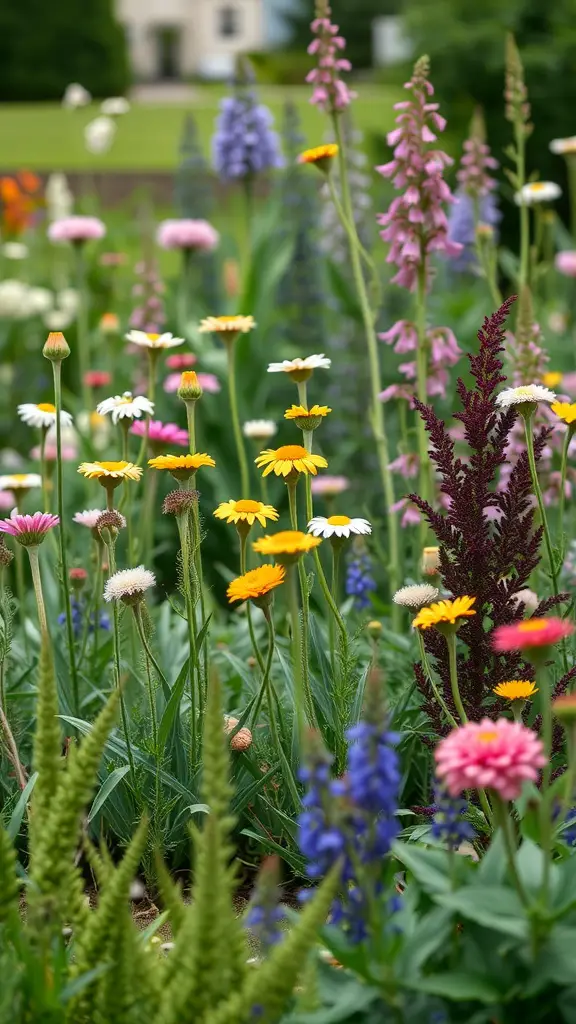 A colorful cottage garden with a variety of flowers in different heights, showcasing layering techniques.