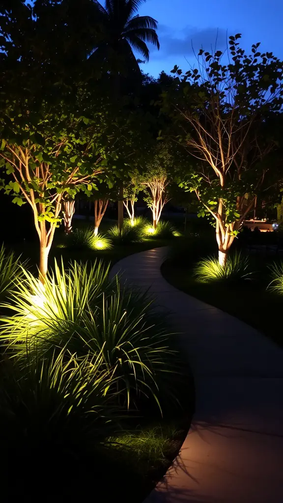 A pathway illuminated by soft lights, surrounded by trees and grass in the evening.