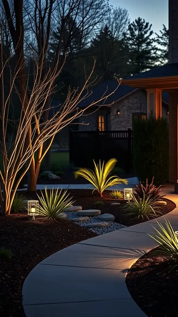 Pathway illuminated with stylish outdoor lighting and landscaped plants