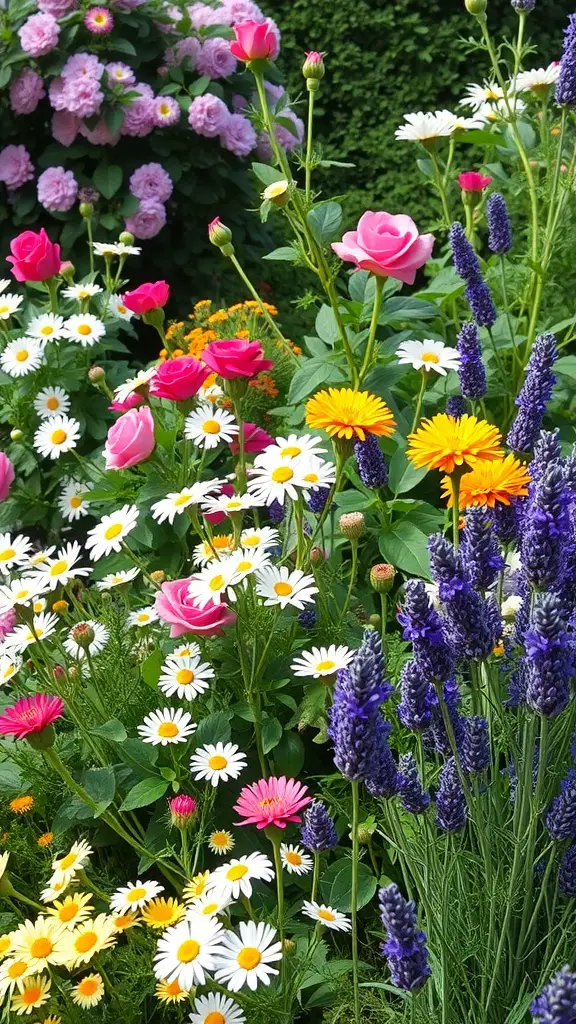 A colorful cottage garden featuring roses, daisies, and lavender.