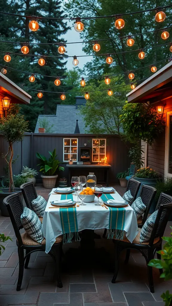 A cozy outdoor dining space with a beautifully set table, string lights, and surrounding greenery.