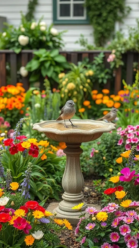 A birdbath surrounded by colorful flowers in a cottage garden.