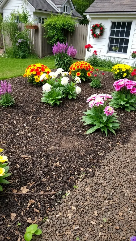 A colorful cottage garden with various flowers surrounded by a layer of mulch.
