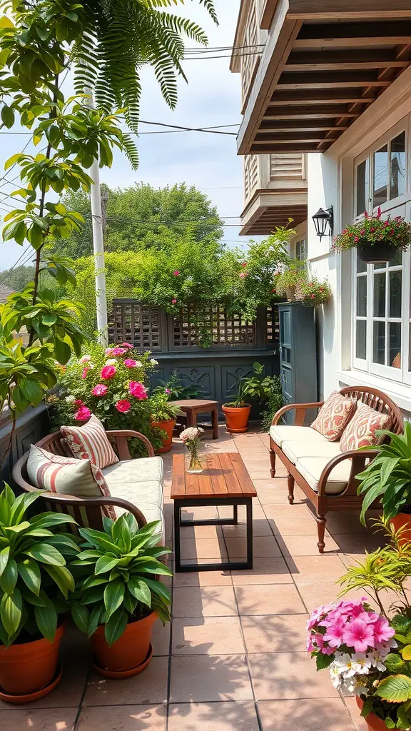 A cozy terrace garden seating area with plants and flowers.