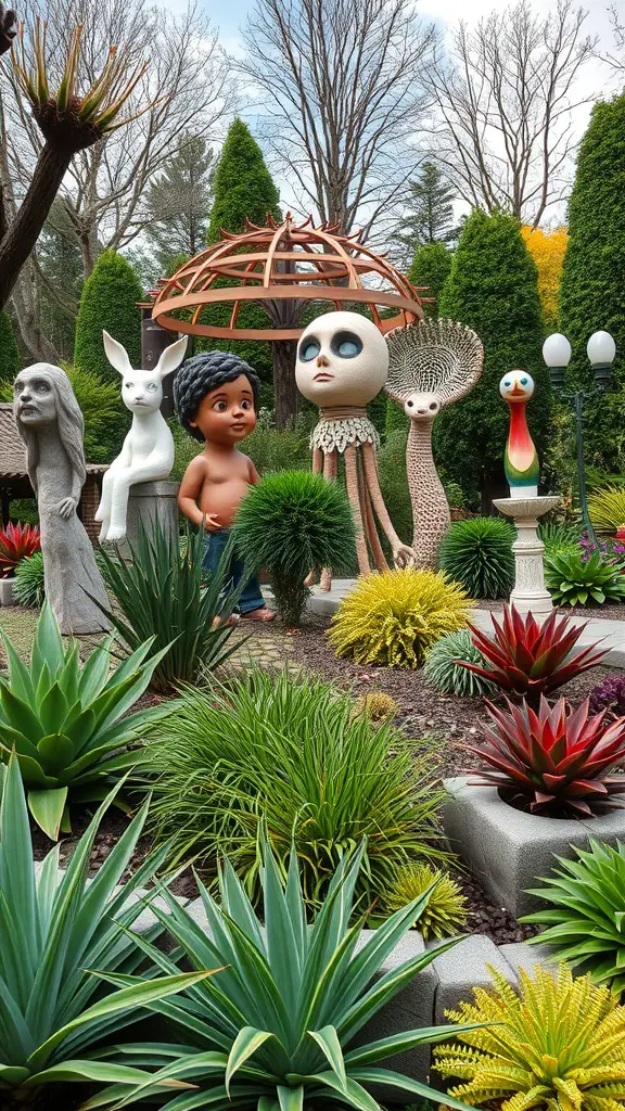 A colorful garden featuring various sculptures, including a boy, a rabbit, and abstract figures, surrounded by lush greenery.