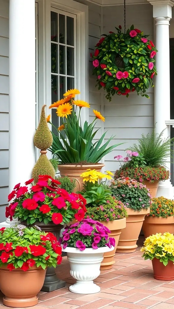 Colorful container gardens with various flowers in pots on a porch.