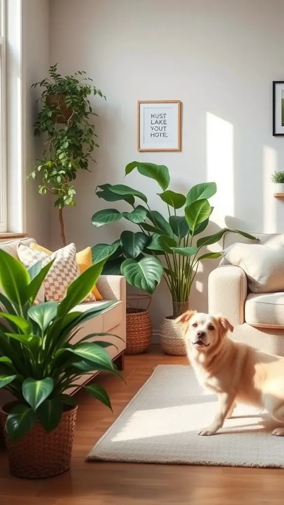 A cozy living room with pet-friendly indoor plants and a happy dog.