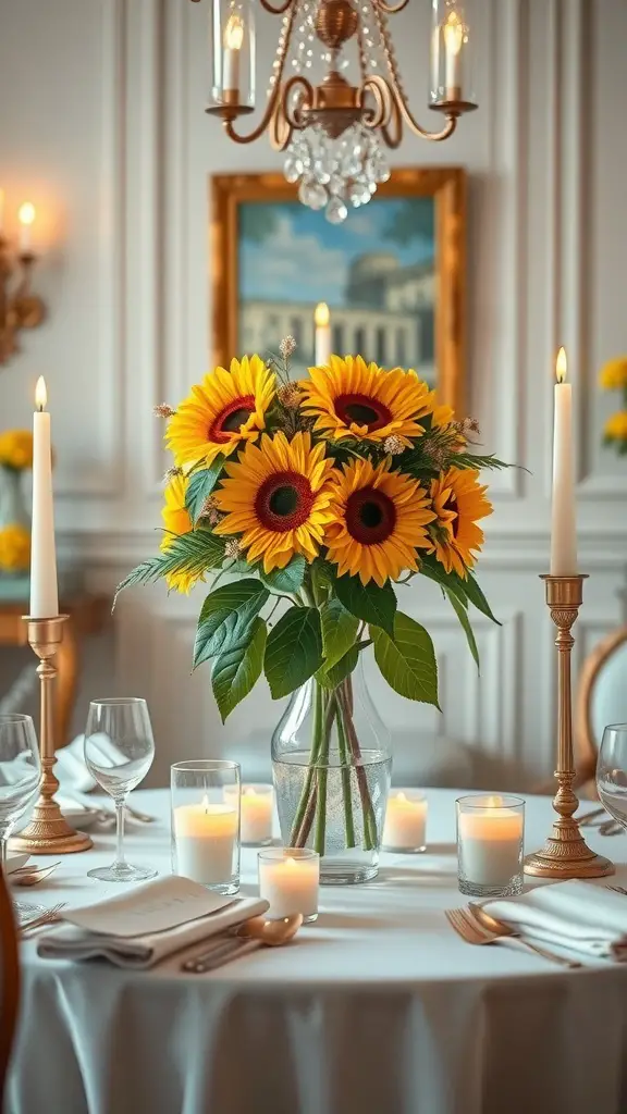 A beautiful sunflower bouquet centerpiece on a dining table with candles and elegant decor.