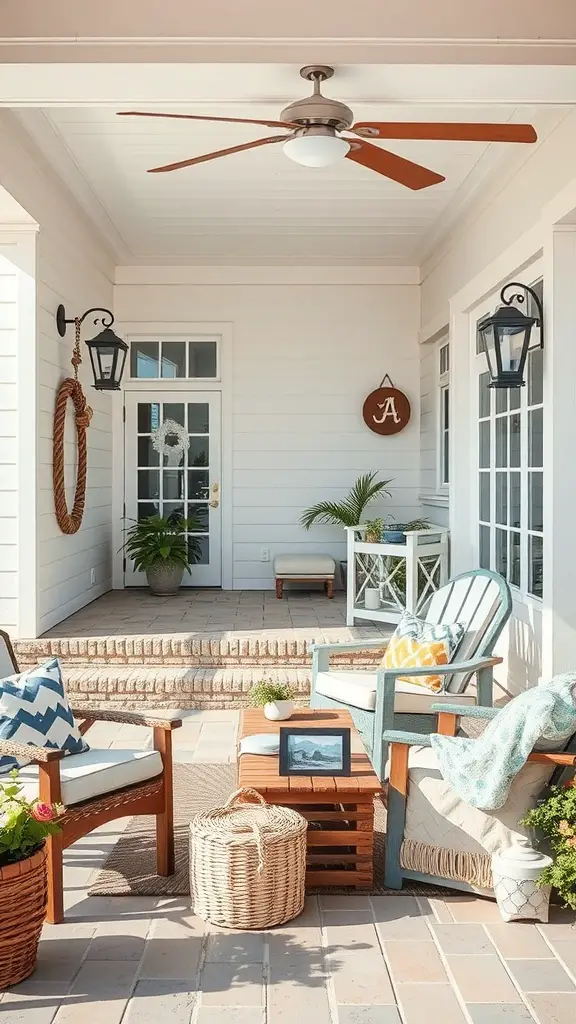 A coastal inspired patio with wooden chairs, cushions, and decorative elements.