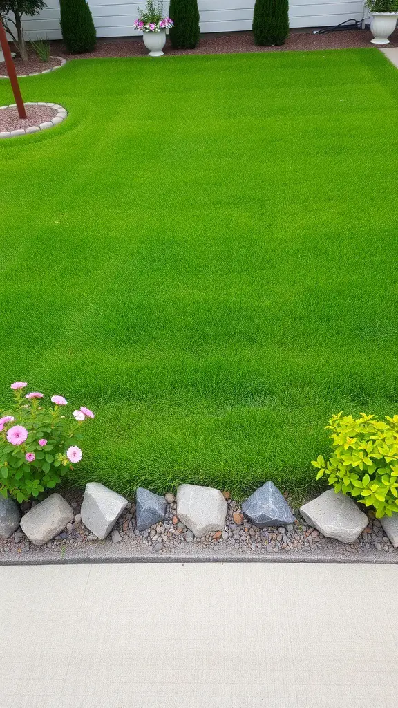 A lush green lawn bordered by stones and colorful flowers.