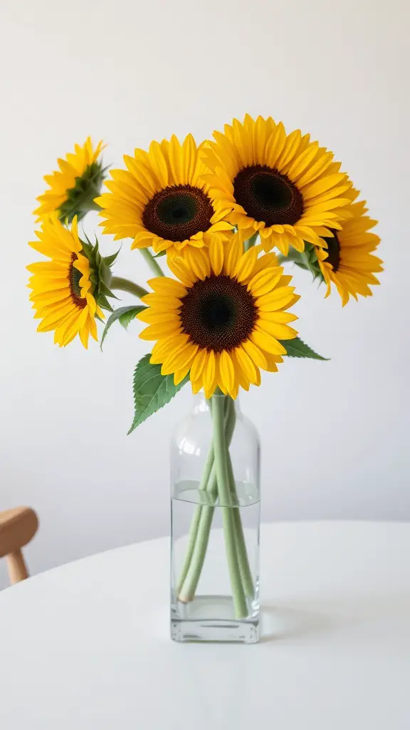 A minimalist display of sunflowers in a clear glass vase on a white table.