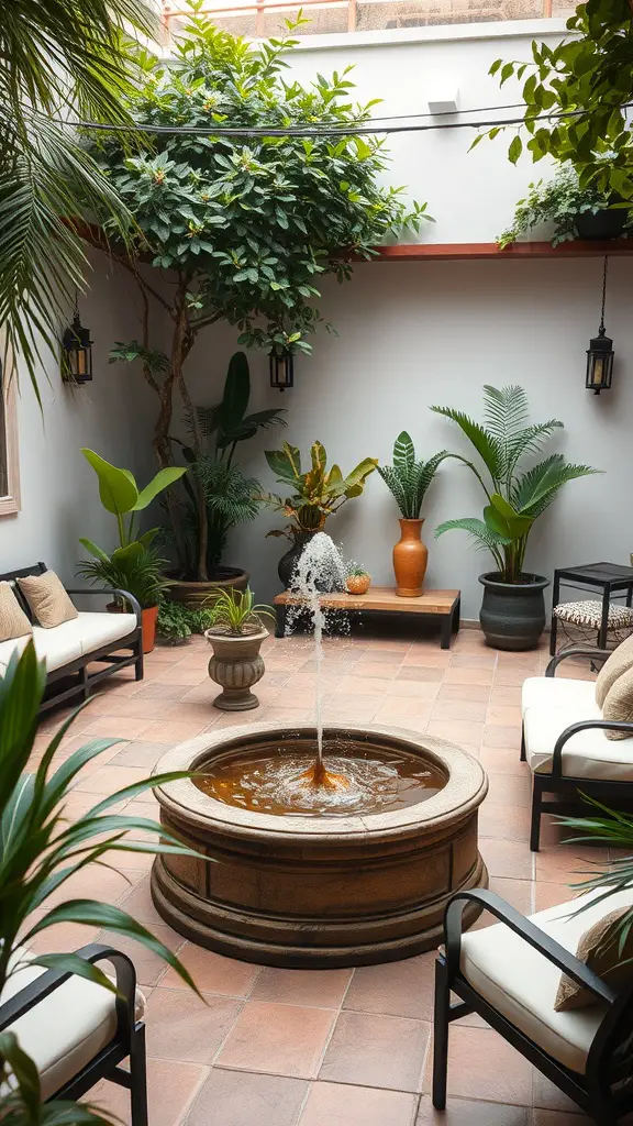 A cozy patio featuring a circular fountain surrounded by plants and comfortable seating.