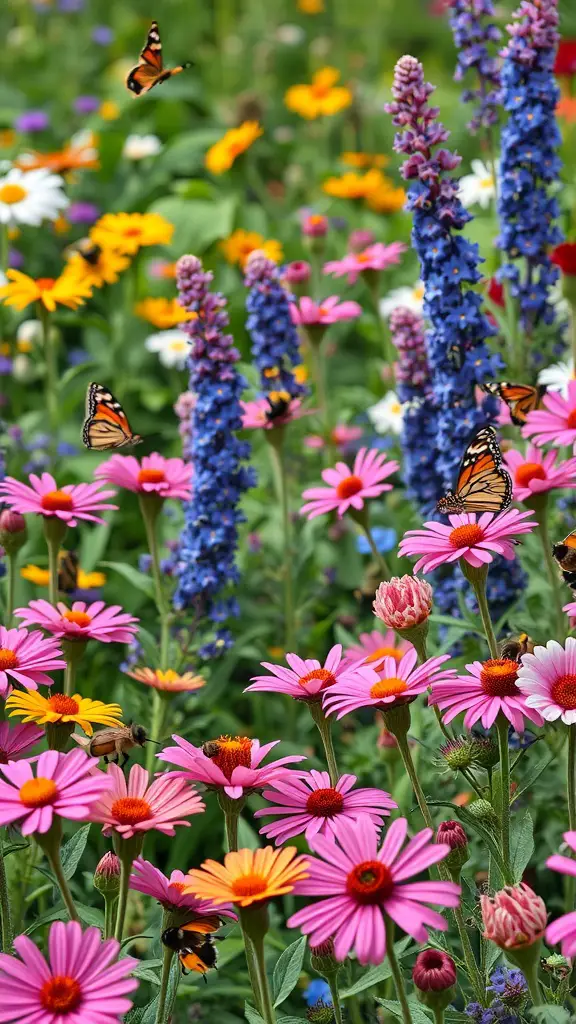 A colorful butterfly and pollinator garden filled with various flowers and butterflies.