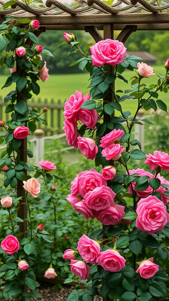 A vintage rose garden featuring pink roses climbing a wooden trellis.