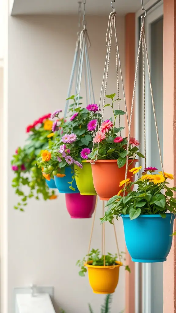 Colorful hanging planters with flowers on a balcony