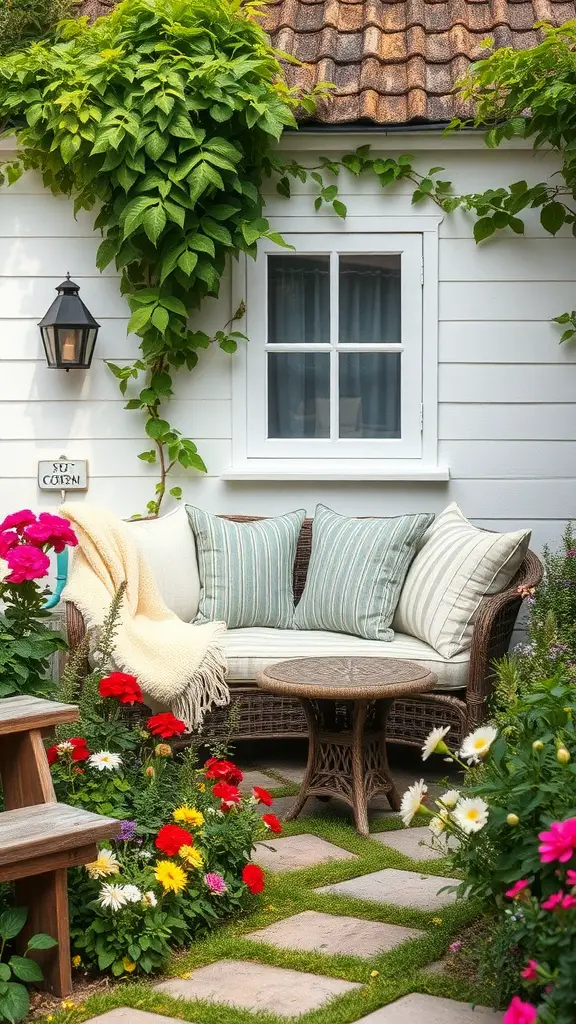 A cozy seating area in a cottage garden with a sofa, colorful flowers, and a stone pathway.