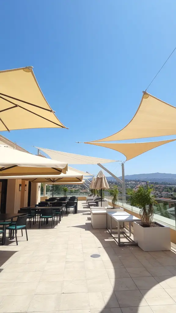 A modern terrace with shade sails and seating arrangements under a clear blue sky.