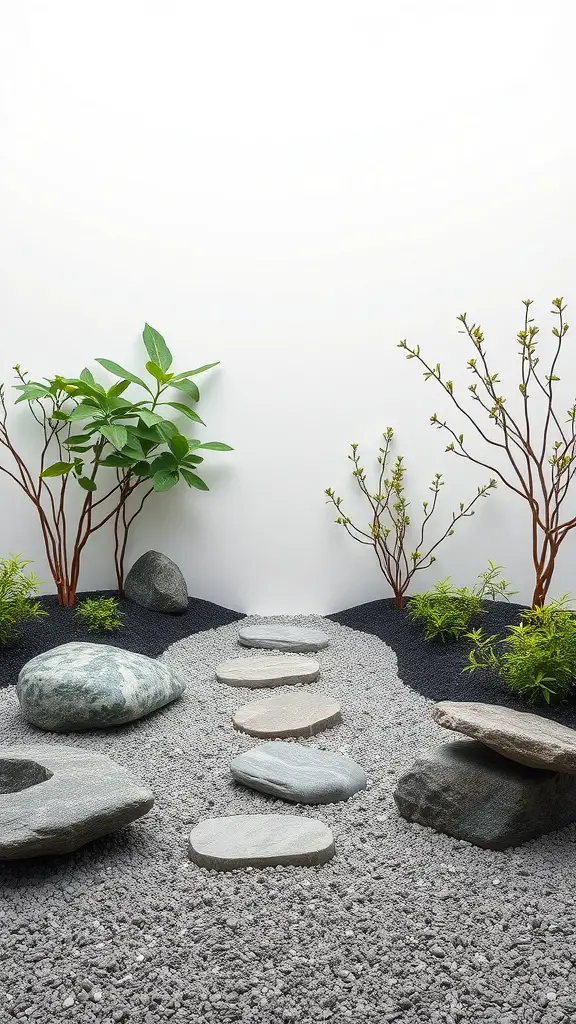 A minimalist Zen garden featuring a stone path, smooth rocks, and small plants.