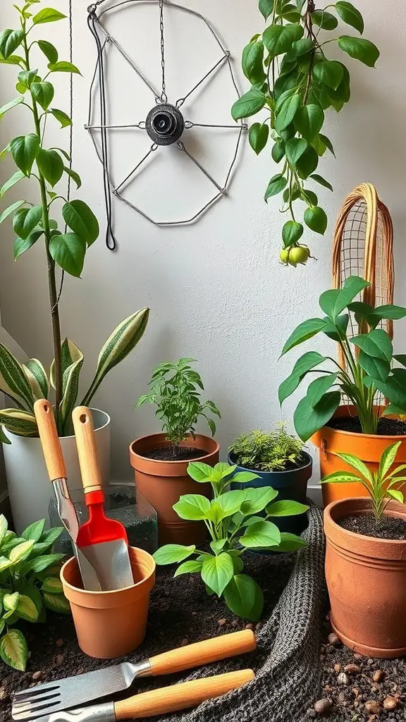A cozy indoor gardening setup with various plants, pots, and gardening tools.
