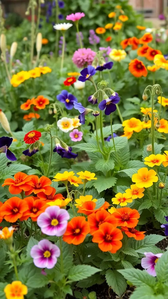 A colorful garden filled with various edible flowers like pansies, nasturtiums, and marigolds.