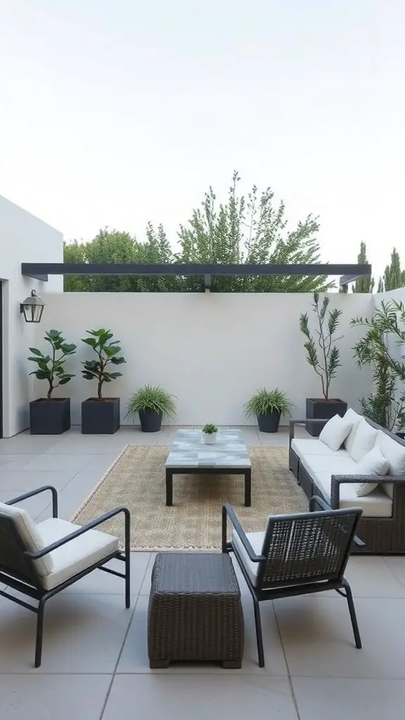 A modern minimalist patio with white walls, dark furniture, and greenery.