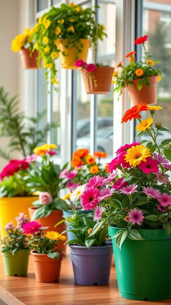 A collection of colorful plant pots filled with vibrant flowers, displayed near a window.