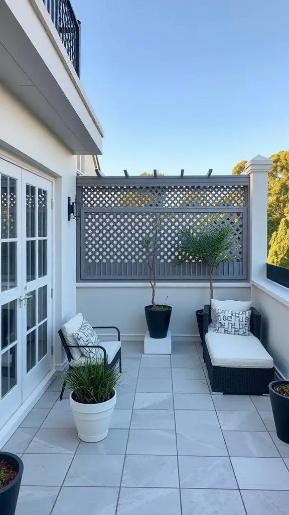 A stylish terrace featuring a decorative screen and comfortable seating.